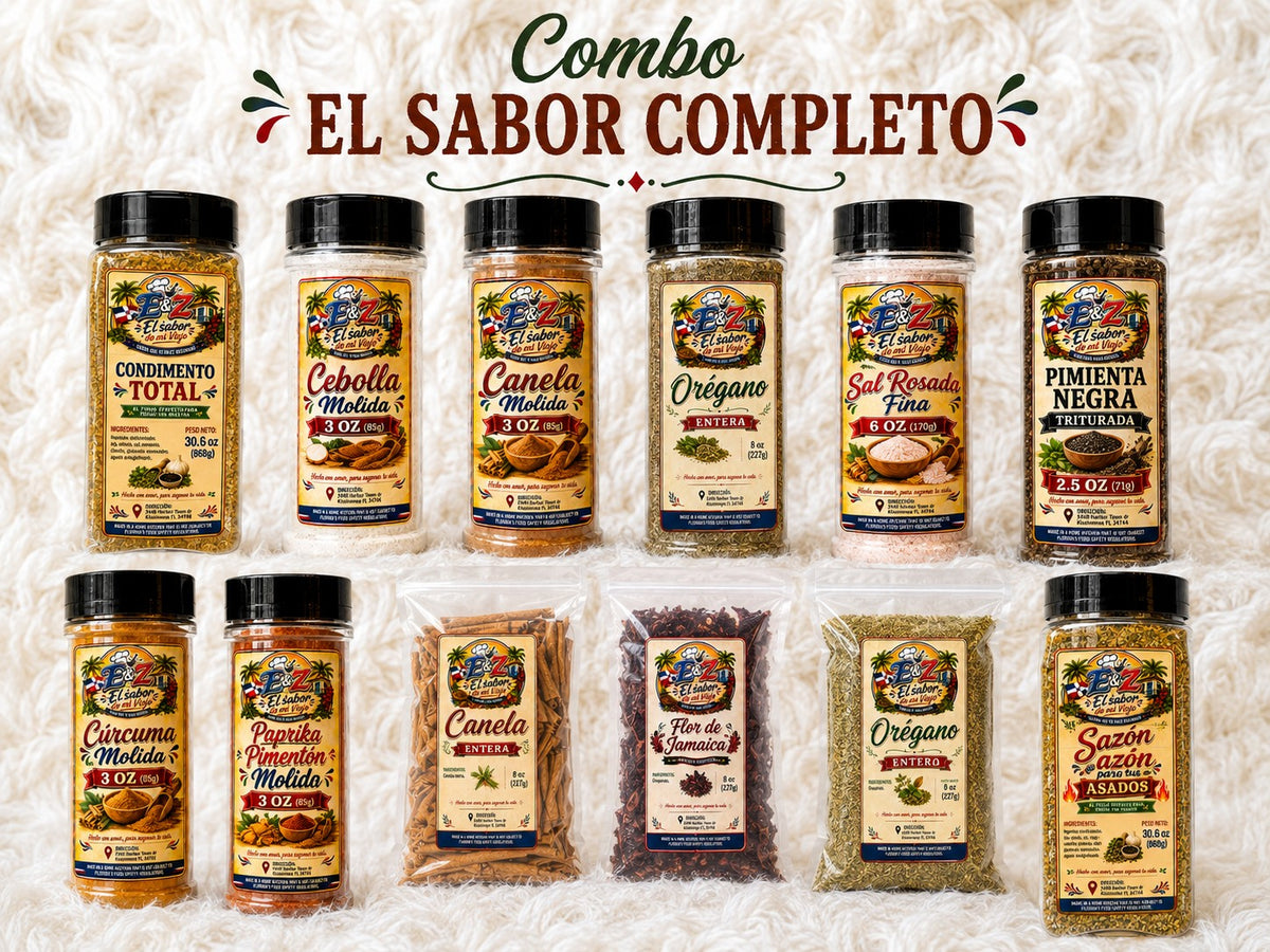 Combo El Sabor Completo de E&Z El Sabor de Mi Viejo con 12 sazones y especias. | E&Z El Sabor de Mi Viejo complete 12-product seasoning and spice collection.