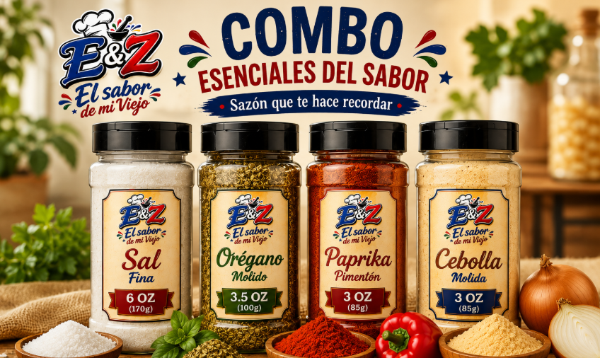 Combo Las 4 Esencias de E&Z El Sabor de Mi Viejo con sal rosada fina, orégano molido, paprika y cebolla molida. | E&Z El Sabor de Mi Viejo four-spice combo.